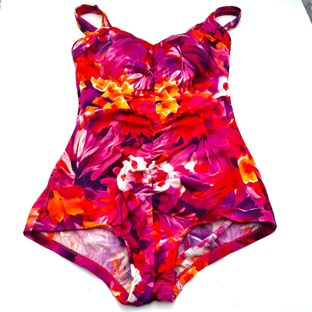ROSE MARIE REID Womens Size 16 Pink Floral 1 Piece Swimsuit Ruched Tummy Control